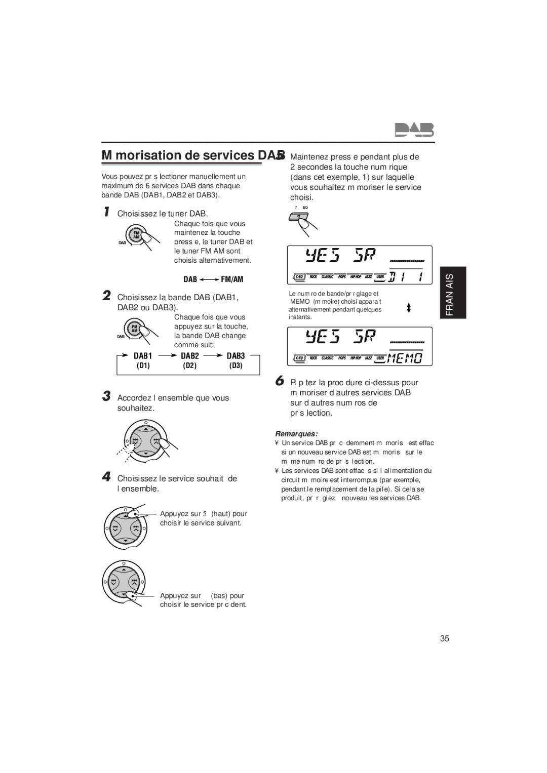 JVC KD-SX992R, KD-SX921R manual Mémorisation de services DAB, Remarques 