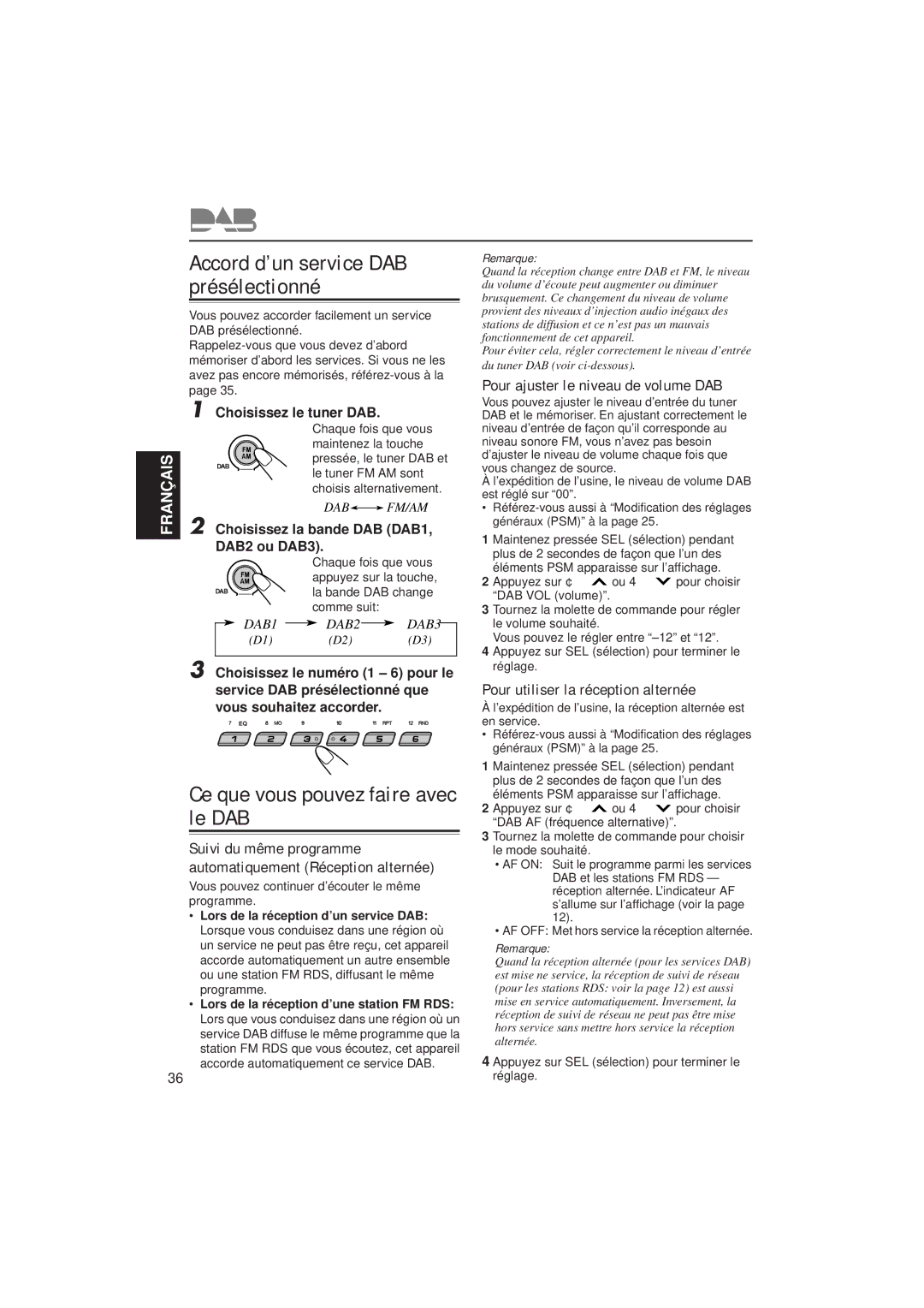 JVC KD-SX921R, KD-SX992R manual Accord d’un service DAB présélectionné, Pour ajuster le niveau de volume DAB, DAB2 