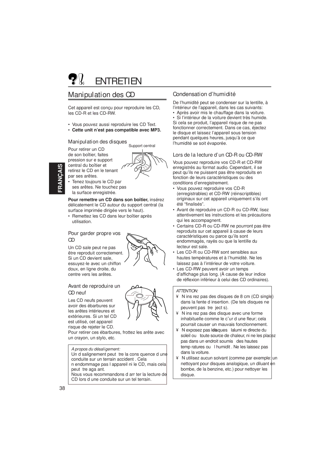 JVC KD-SX921R, KD-SX992R manual Entretien, Manipulation des CD, Condensation d’humidité 