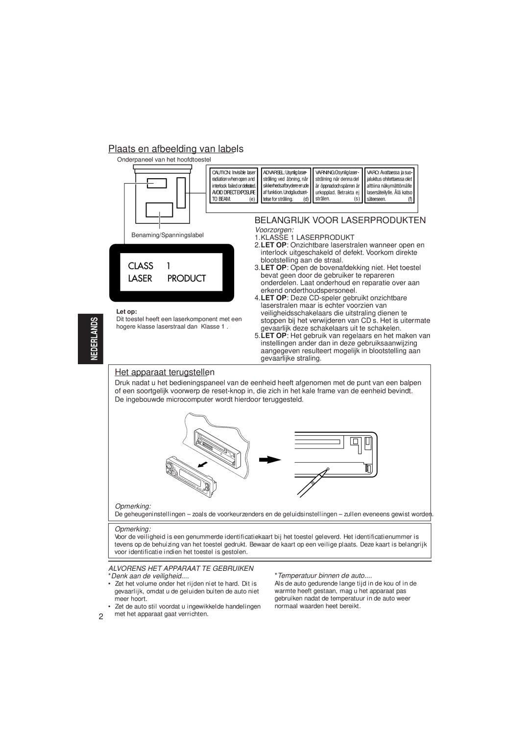 JVC KD-SX921R, KD-SX992R manual Plaats en afbeelding van labels, Het apparaat terugstellen, Voorzorgen 