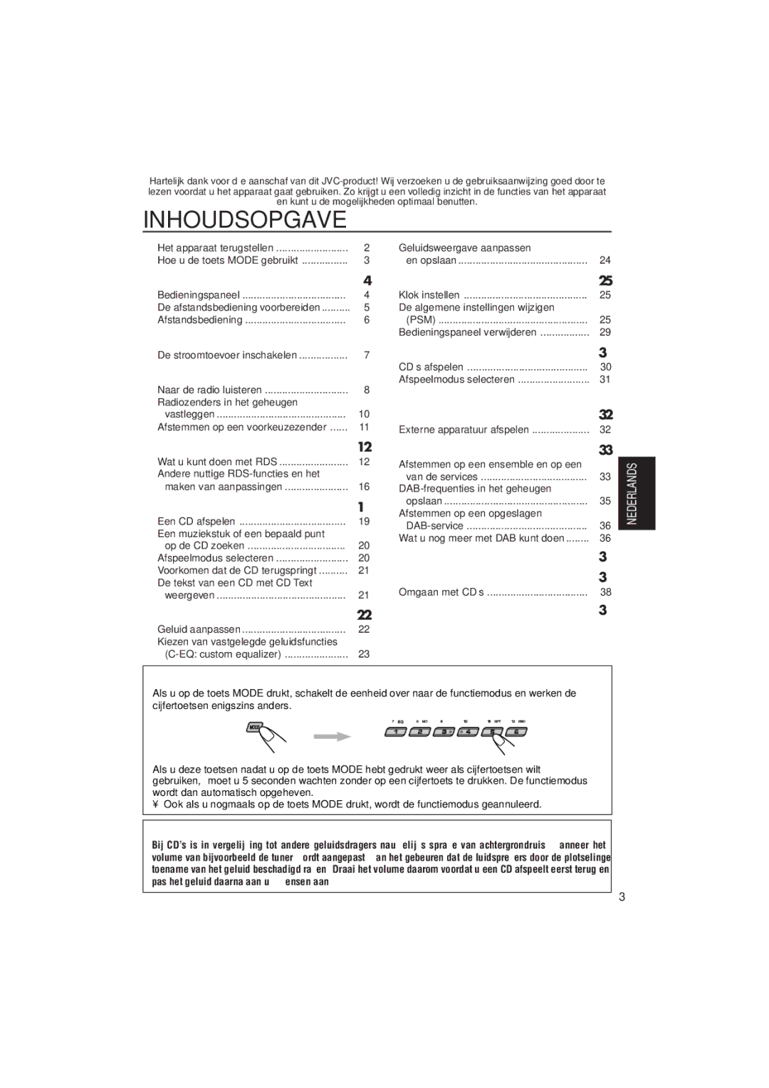 JVC KD-SX992R, KD-SX921R manual Inhoudsopgave, Hoe u de toets Mode gebruikt 