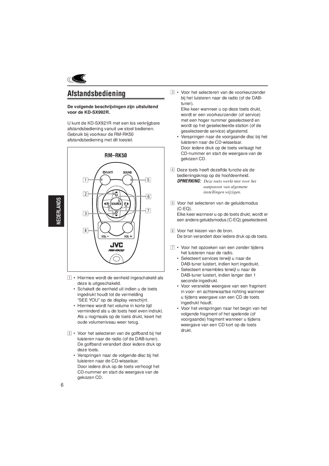 JVC KD-SX921R, KD-SX992R manual Afstandsbediening, Voor het selecteren van de geluidsmodus C-EQ 