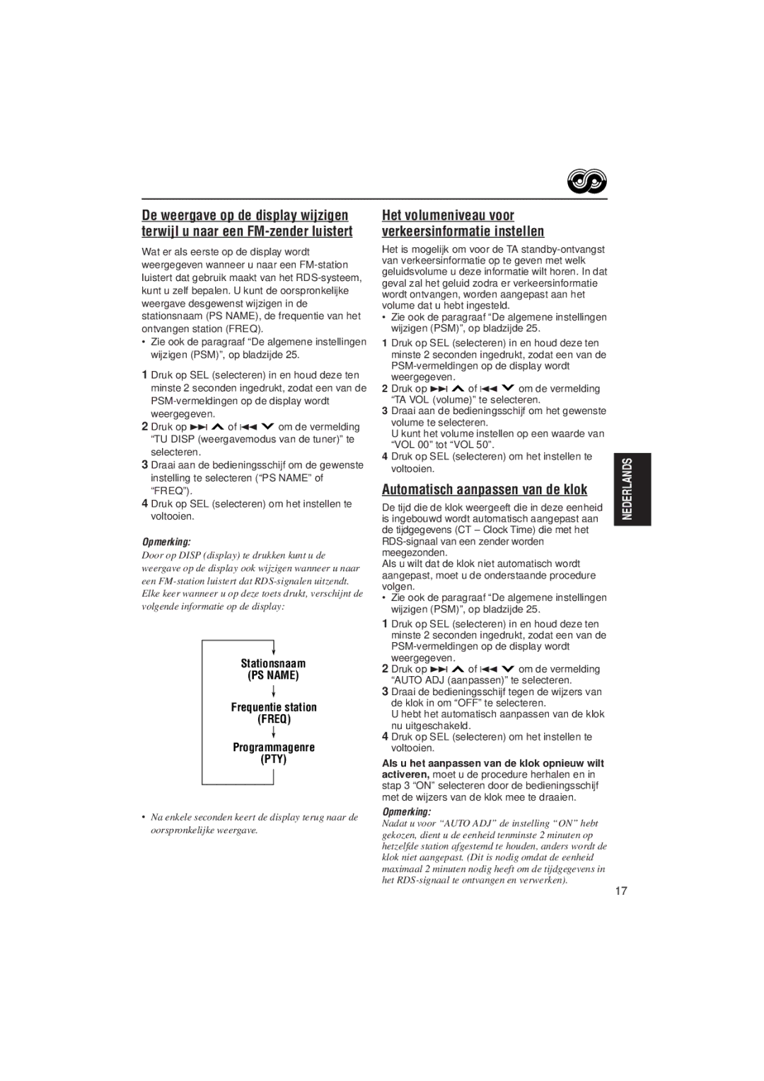 JVC KD-SX992R, KD-SX921R manual Automatisch aanpassen van de klok, Stationsnaam, Frequentie station, Programmagenre 