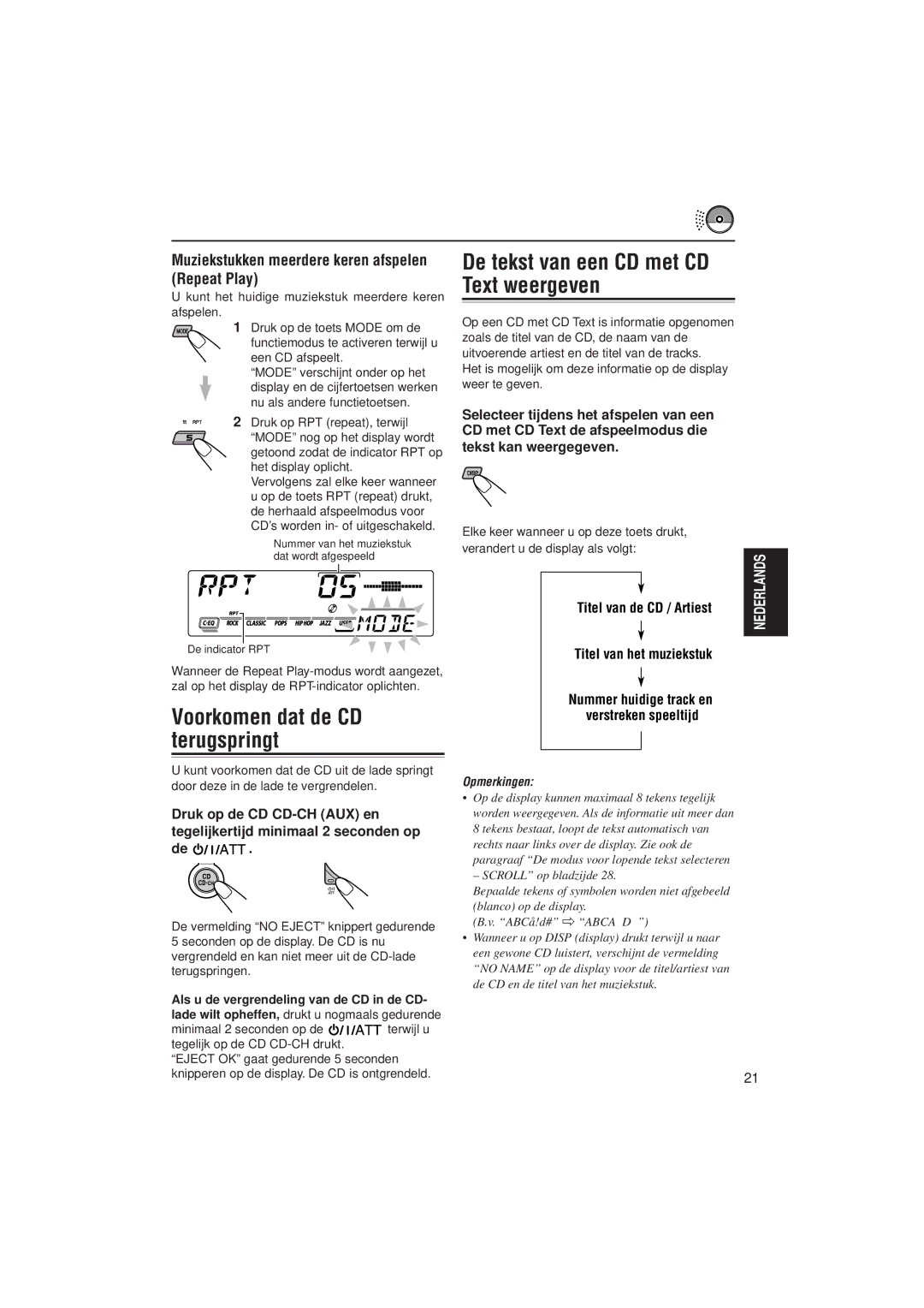 JVC KD-SX992R manual Muziekstukken meerdere keren afspelen Repeat Play, Titel van de CD / Artiest Titel van het muziekstuk 