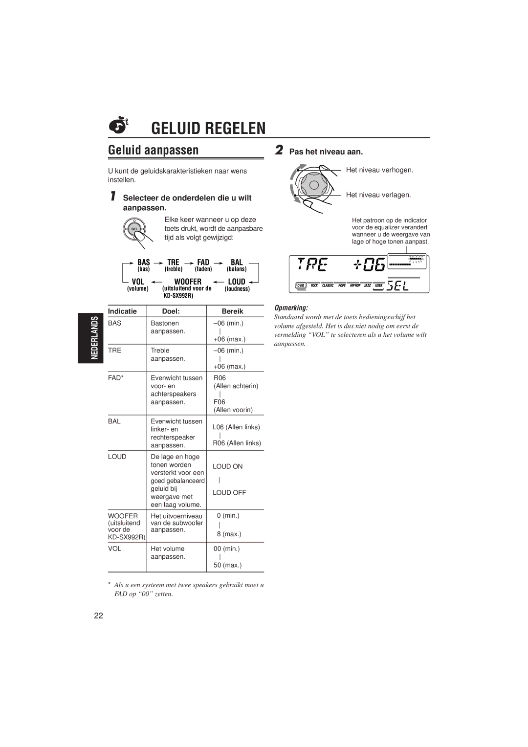 JVC KD-SX921R, KD-SX992R manual Geluid Regelen, Geluid aanpassen, Tre 