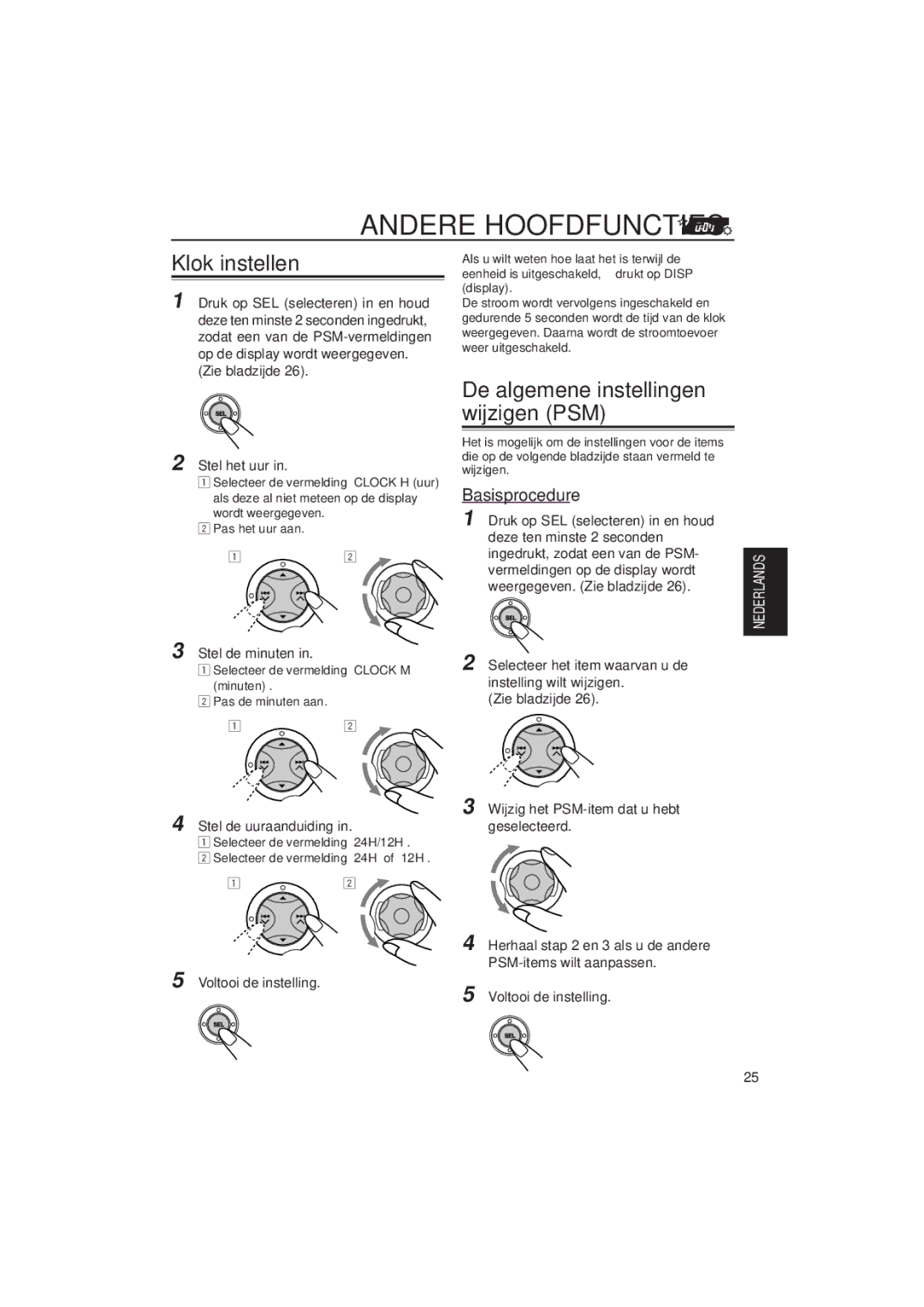 JVC KD-SX992R, KD-SX921R manual Andere Hoofdfuncties, Klok instellen, De algemene instellingen wijzigen PSM, Basisprocedure 