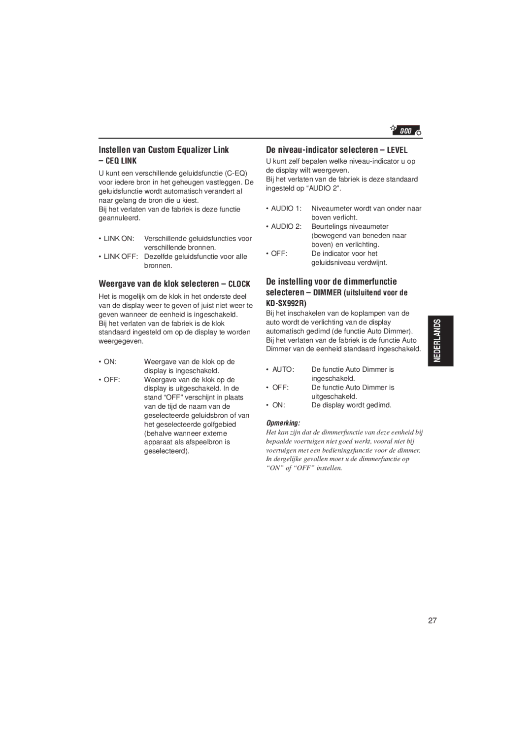 JVC KD-SX992R, KD-SX921R manual Instellen van Custom Equalizer Link, De niveau-indicator selecteren Level, CEQ Link 