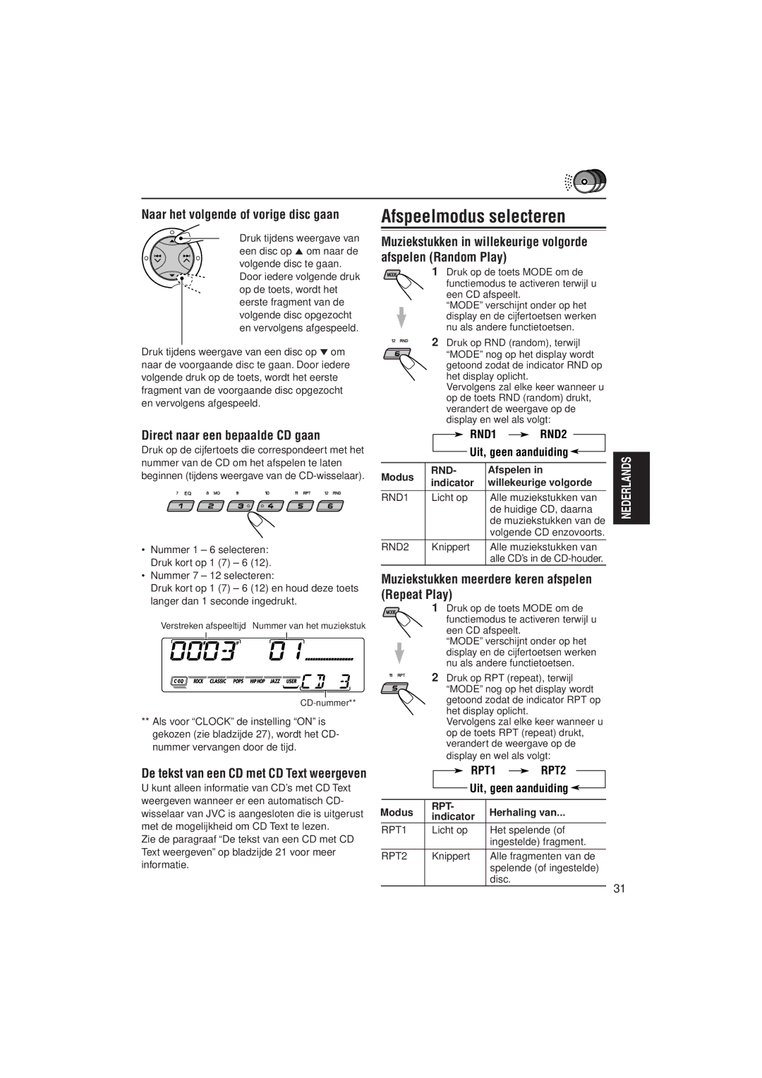 JVC KD-SX992R, KD-SX921R manual Naar het volgende of vorige disc gaan, Direct naar een bepaalde CD gaan 