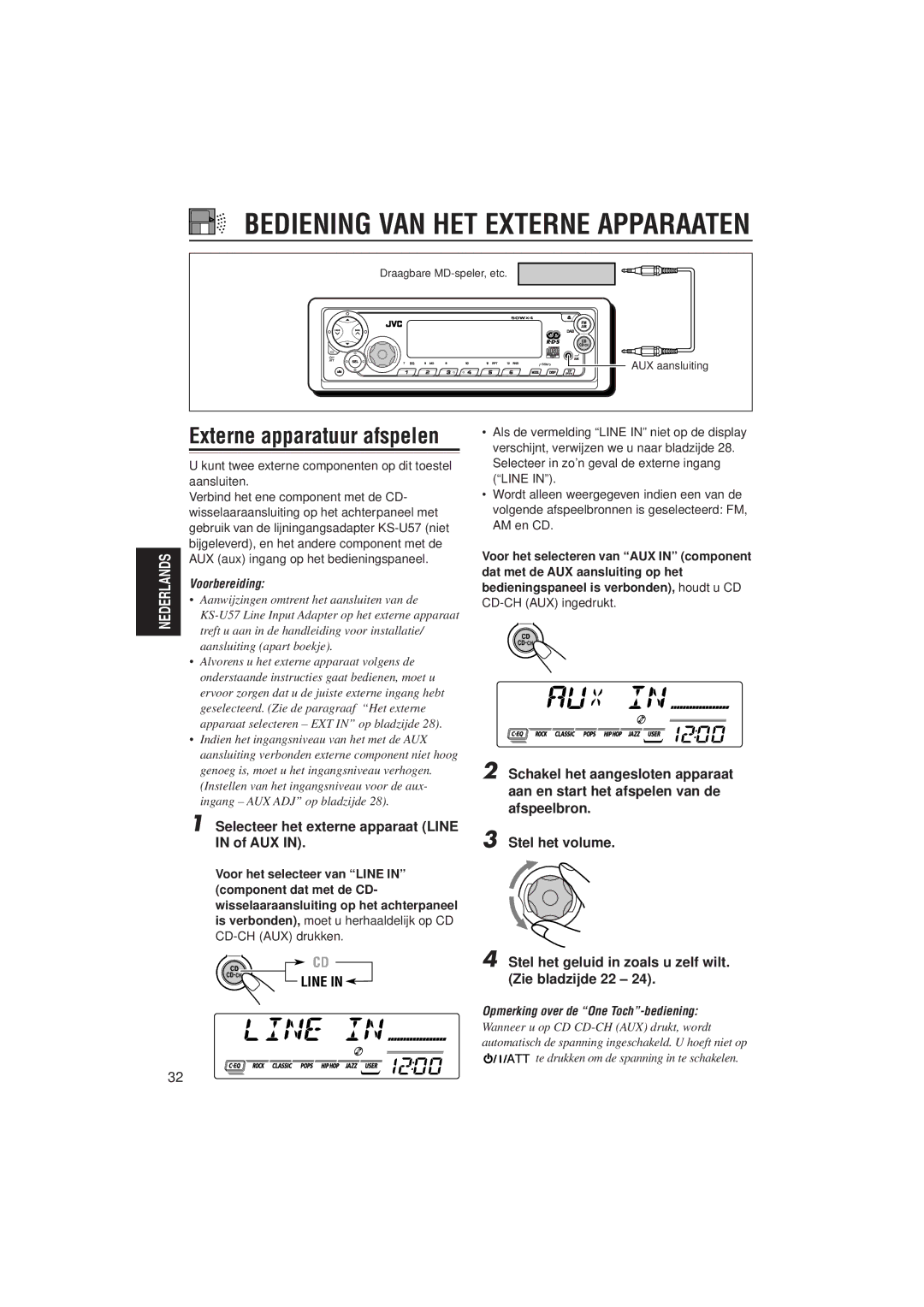 JVC KD-SX921R, KD-SX992R manual Voorbereiding, Voor het selecteer van Line, Component dat met de CD, CD-CH AUX ingedrukt 