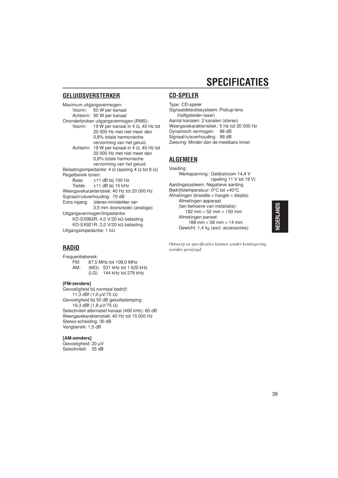 JVC KD-SX992R, KD-SX921R manual Specificaties, FM-zenders, AM-zenders 