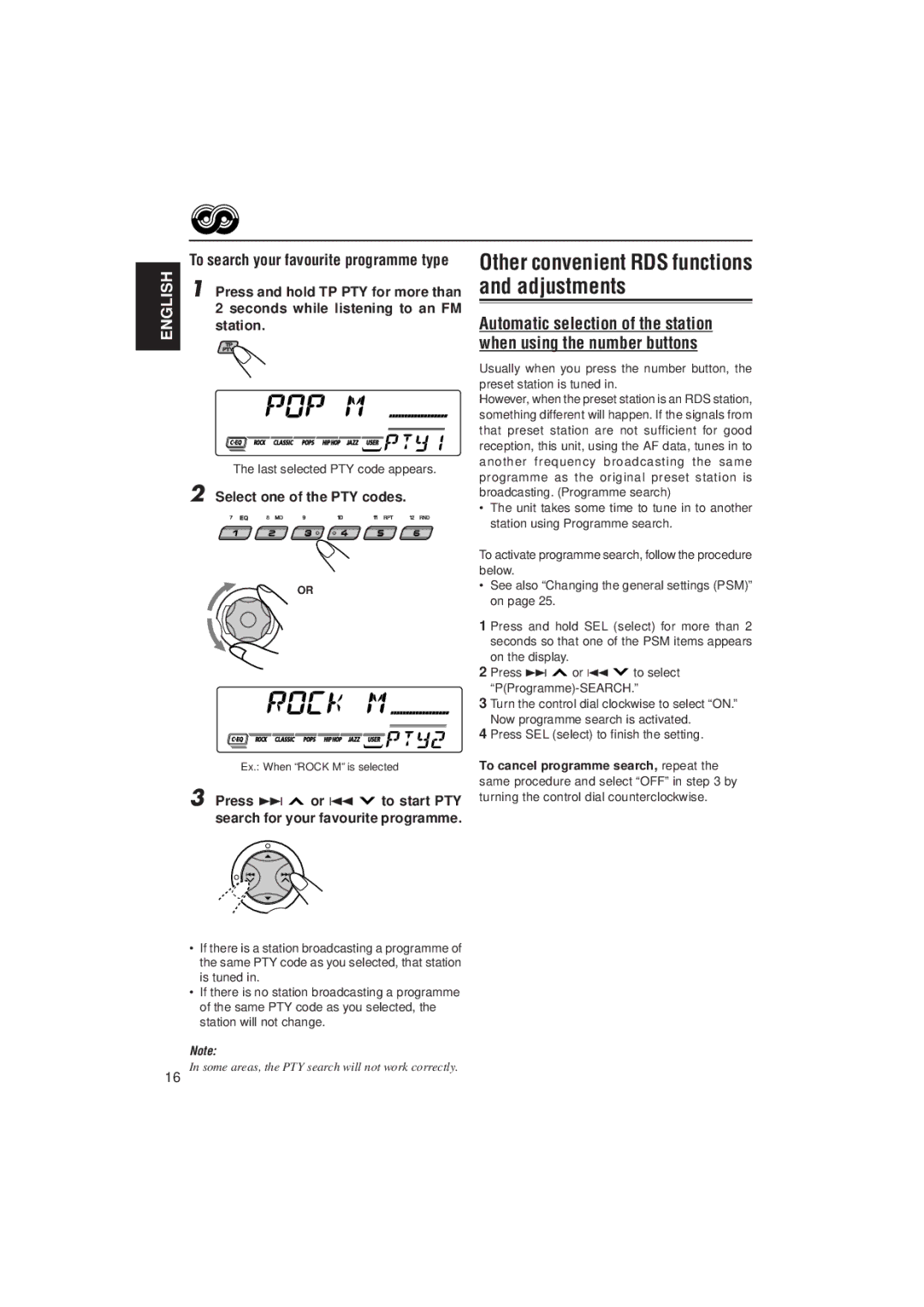 JVC KD-SX921R Press and hold TP PTY for more than, Seconds while listening to an FM, Station, Select one of the PTY codes 