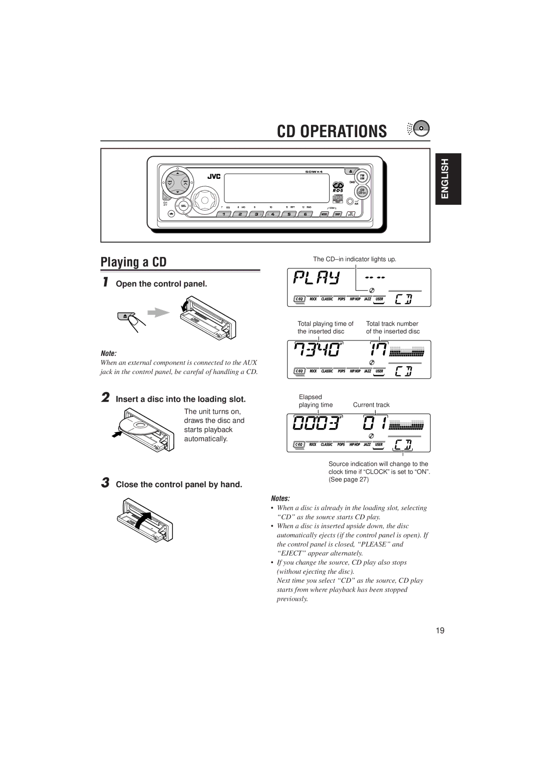 JVC KD-SX992R, KD-SX921R manual CD Operations, Playing a CD, Open the control panel, Insert a disc into the loading slot 