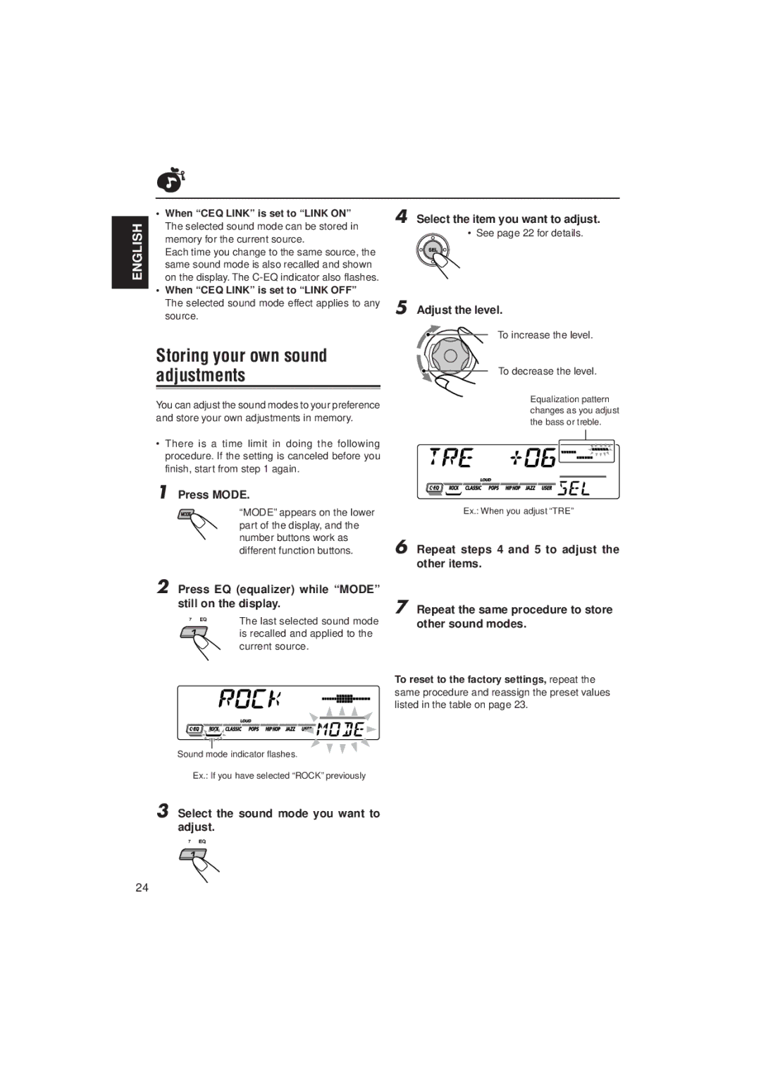 JVC KD-SX921R, KD-SX992R manual Storing your own sound adjustments, Select the sound mode you want to adjust 