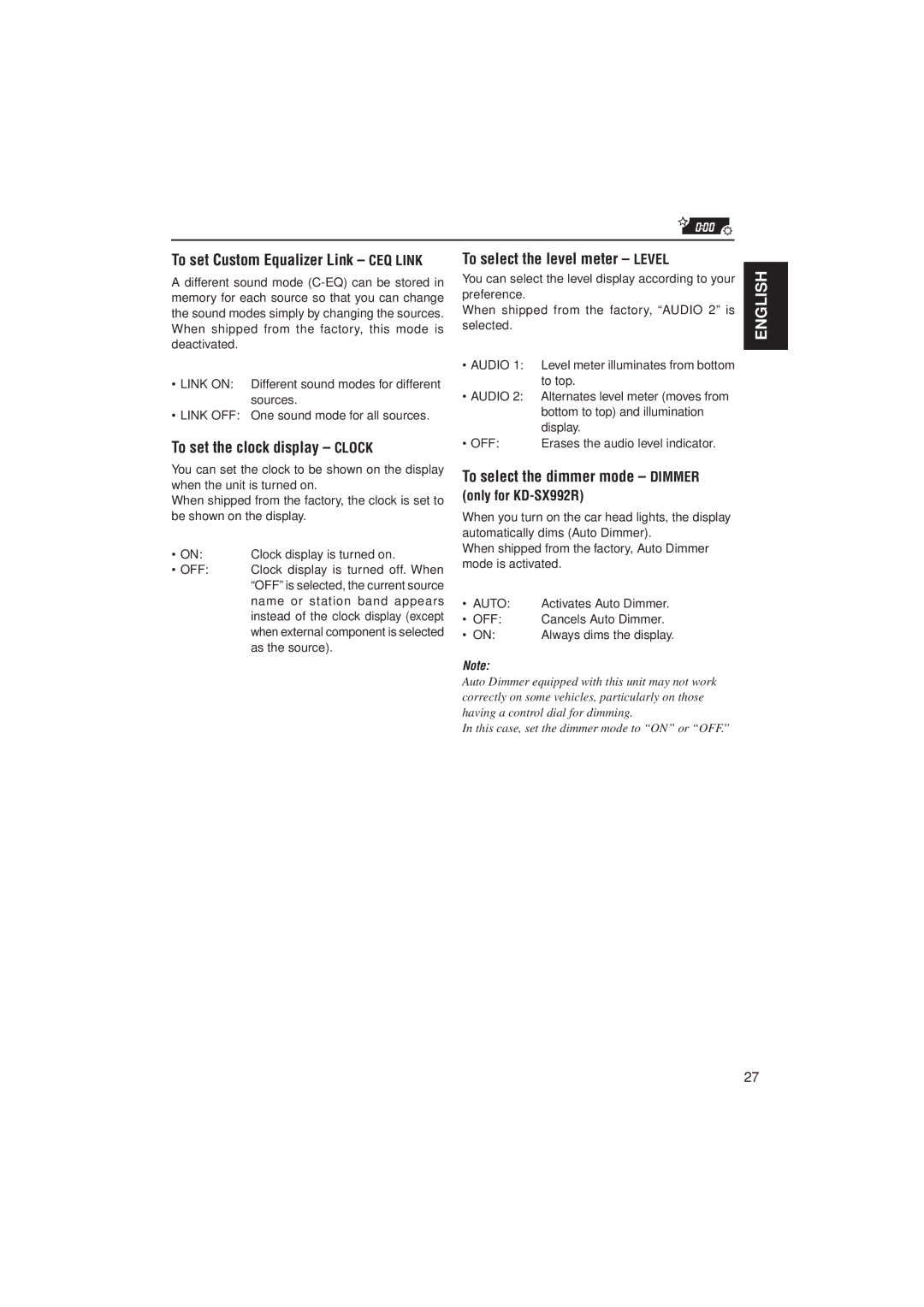 JVC KD-SX992R, KD-SX921R To set the clock display Clock, To select the level meter Level, To select the dimmer mode Dimmer 