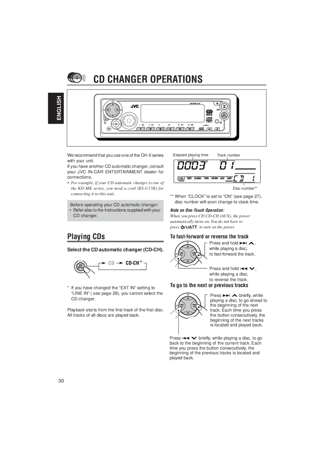 JVC KD-SX921R, KD-SX992R manual CD Changer Operations, Playing CDs, Select the CD automatic changer CD-CH CD CD-CH 