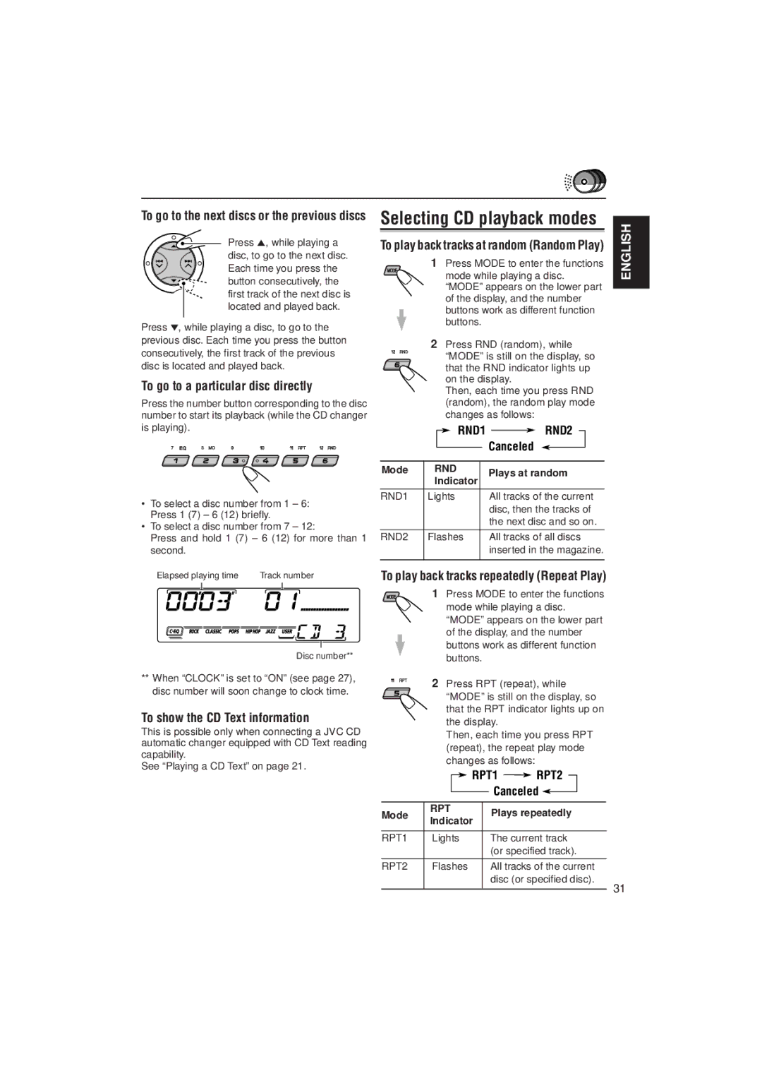 JVC KD-SX992R, KD-SX921R Selecting CD playback modes, To go to a particular disc directly, To show the CD Text information 