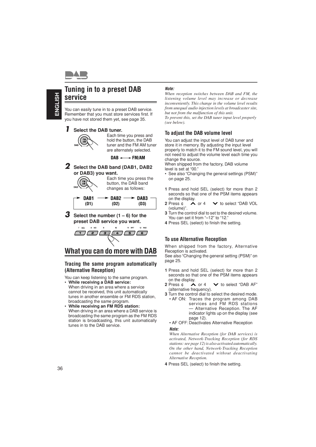 JVC KD-SX921R, KD-SX992R Tuning in to a preset DAB service, To adjust the DAB volume level, To use Alternative Reception 