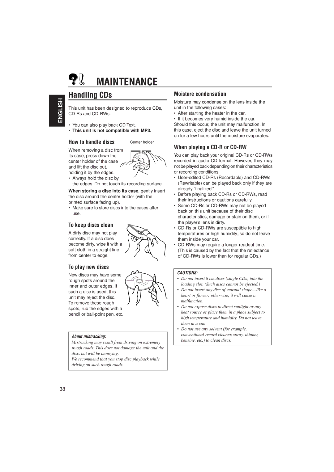 JVC KD-SX921R, KD-SX992R manual Maintenance, Handling CDs 