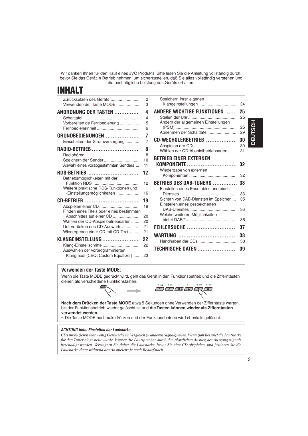 JVC KD-SX992R, KD-SX921R manual Inhalt, Verwenden der Taste Mode 