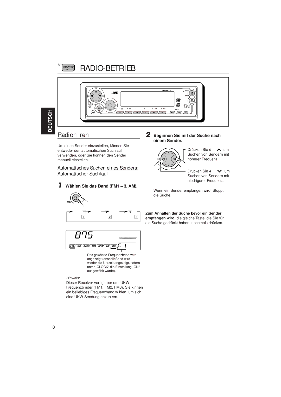 JVC KD-SX921R, KD-SX992R manual Radio-Betrieb, Radiohören, Automatisches Suchen eines Senders Automatischer Suchlauf 