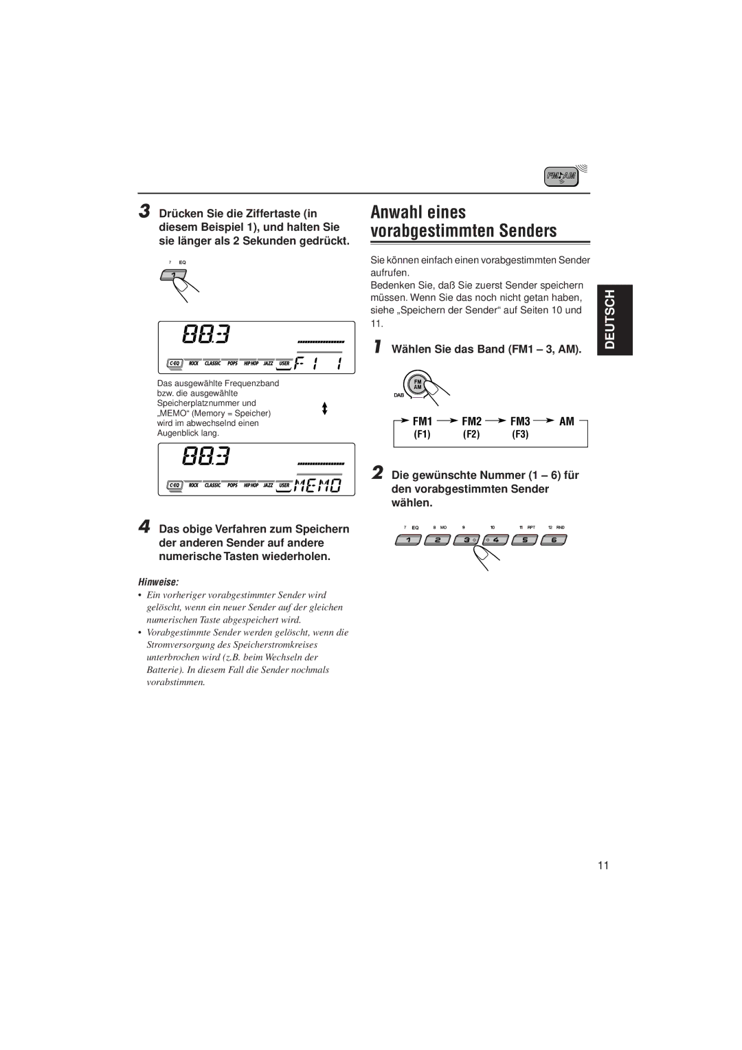 JVC KD-SX992R, KD-SX921R manual Anwahl eines vorabgestimmten Senders, Hinweise 