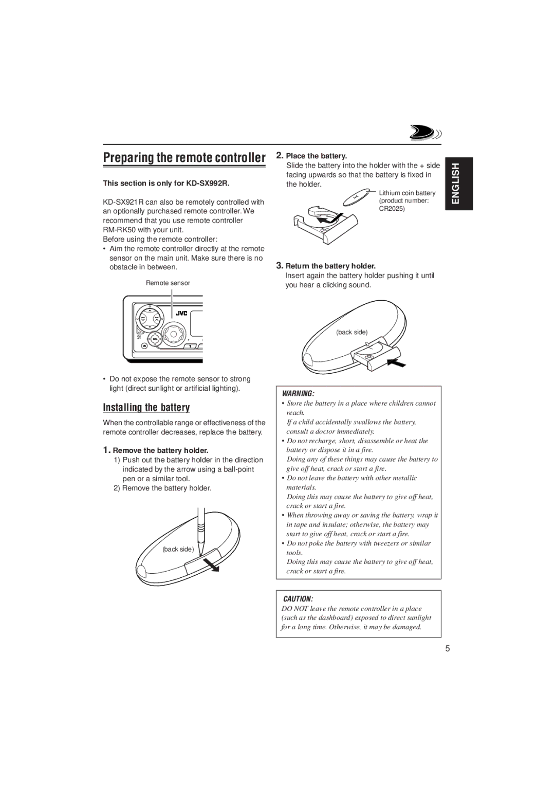 JVC KD-SX992R, KD-SX921R manual Preparing the remote controller, Installing the battery 