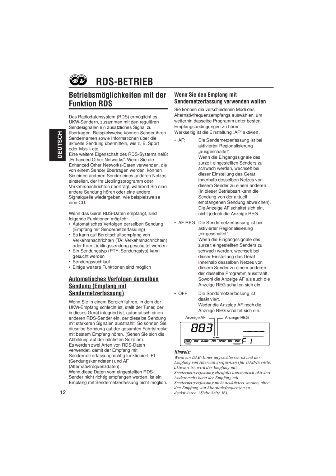 JVC KD-SX921R, KD-SX992R manual Rds-Betrieb, Betriebsmöglichkeiten mit der Funktion RDS 