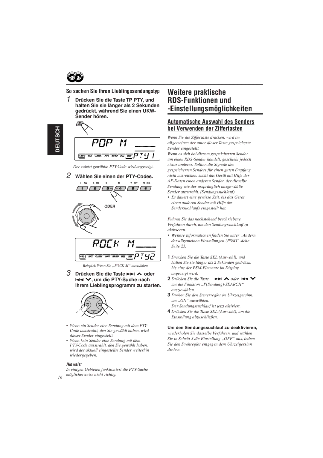 JVC KD-SX921R, KD-SX992R manual Wählen Sie einen der PTY-Codes, Um den Sendungssuchlauf zu deaktivieren 