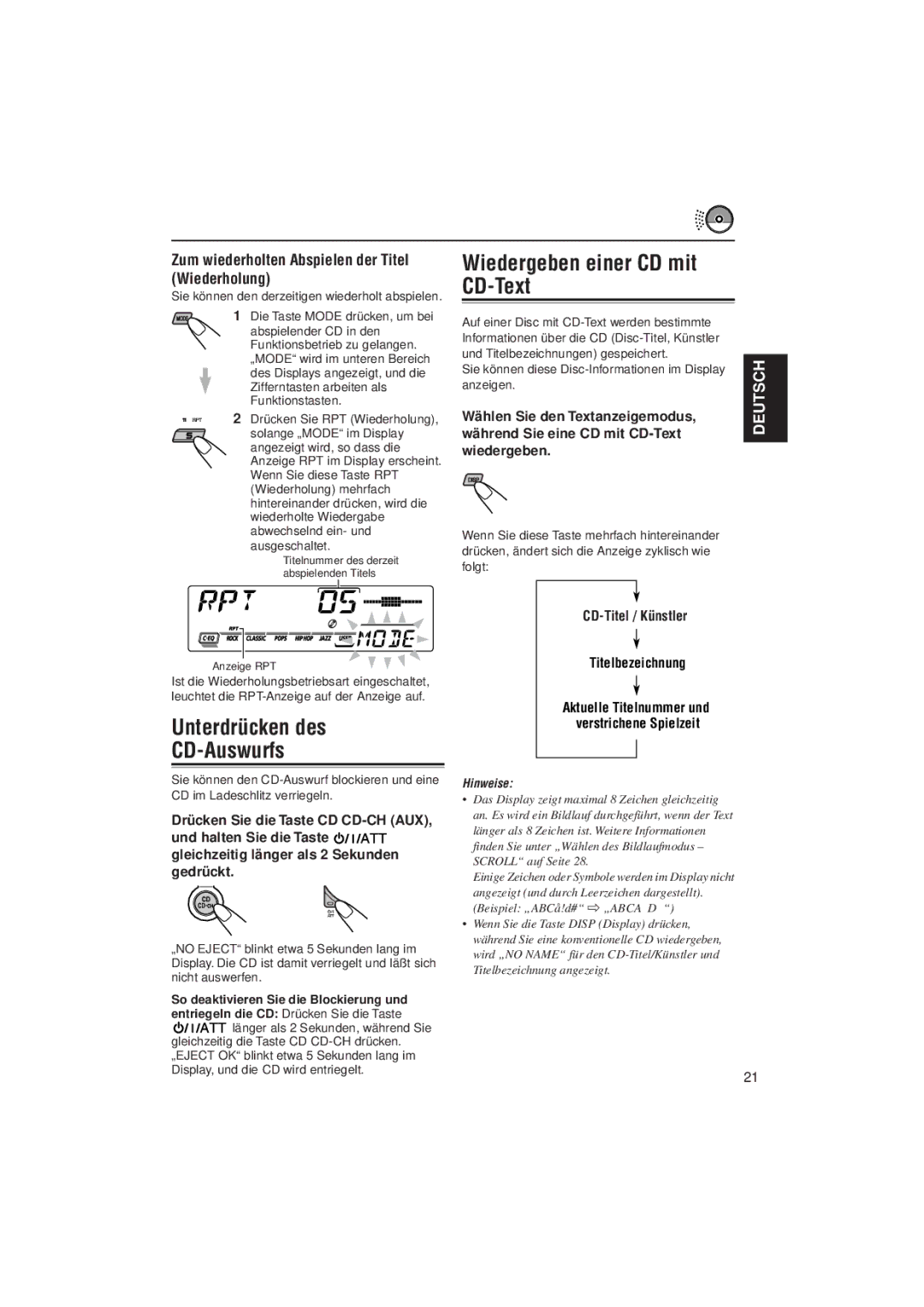 JVC KD-SX992R manual Wiedergeben einer CD mit CD-Text, Unterdrücken des CD-Auswurfs, CD-Titel / Künstler Titelbezeichnung 