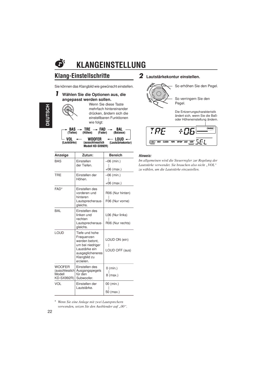 JVC KD-SX921R Lautstärkekontur einstellen, Wählen Sie die Optionen aus, die angepasst werden sollen, Anzeige, Bereich 