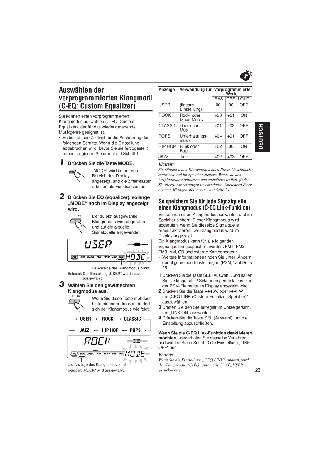 JVC KD-SX992R, KD-SX921R manual Drücken Sie die Taste Mode, Wählen Sie den gewünschten Klangmodus aus, Werte 