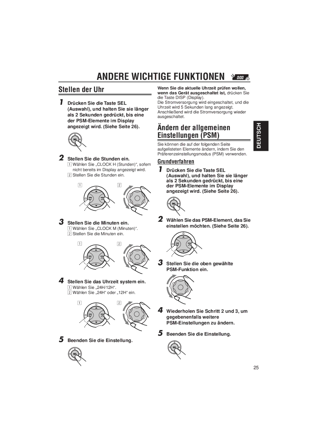 JVC KD-SX992R manual Andere Wichtige Funktionen, Stellen der Uhr, Ändern der allgemeinen Einstellungen PSM, Grundverfahren 