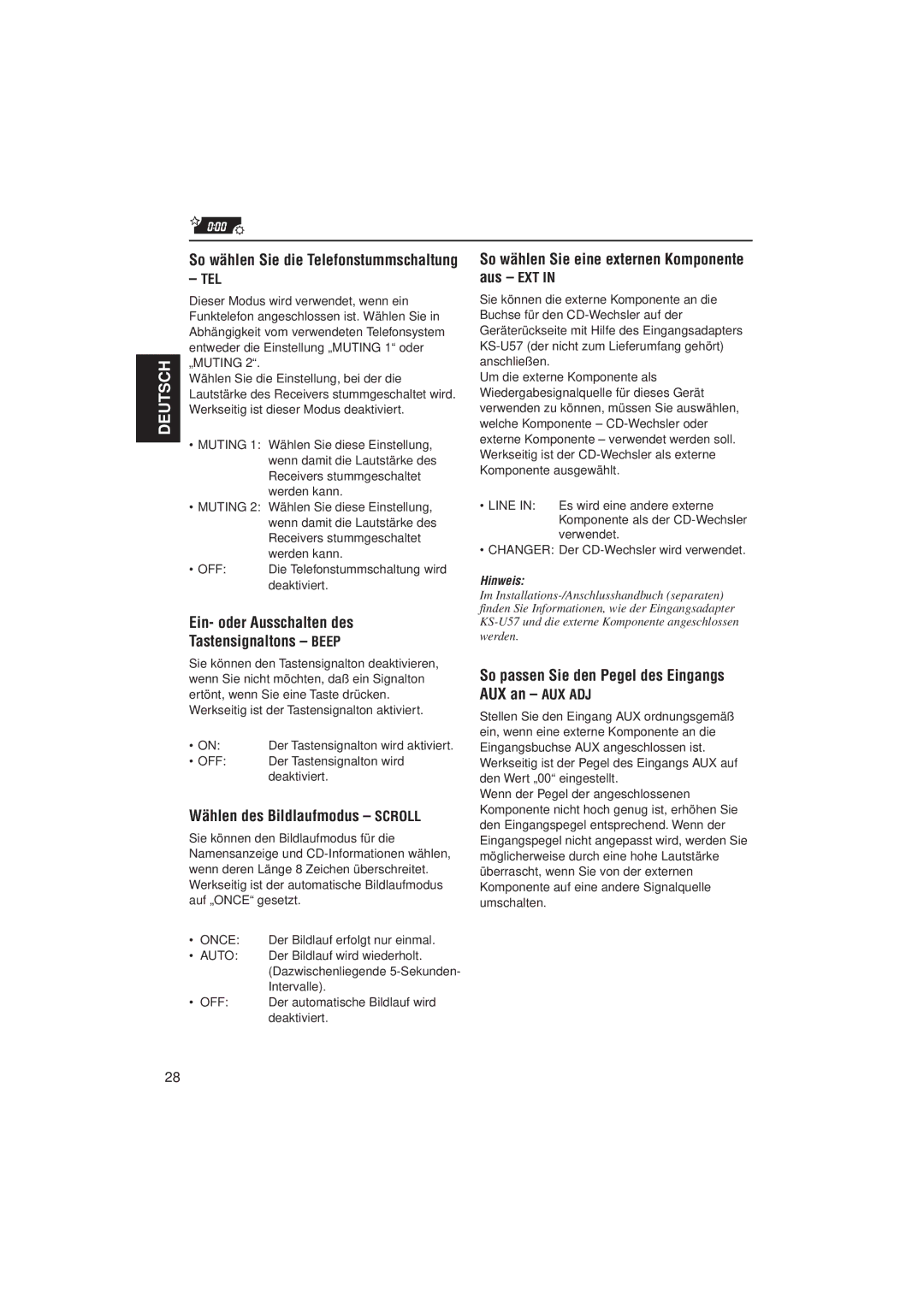 JVC KD-SX921R, KD-SX992R manual Ein- oder Ausschalten des Tastensignaltons Beep, Wählen des Bildlaufmodus Scroll, Tel 