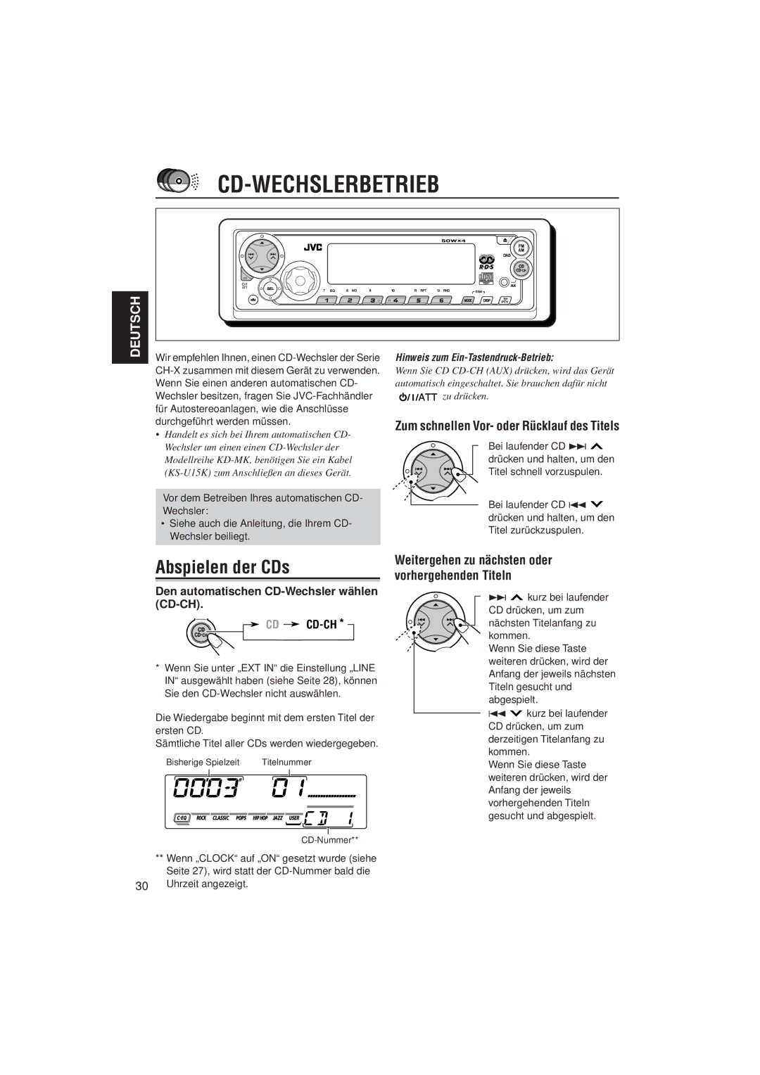 JVC KD-SX921R, KD-SX992R manual Cd-Wechslerbetrieb, Abspielen der CDs, Den automatischen CD-Wechsler wählen CD-CH CD CD-CH 