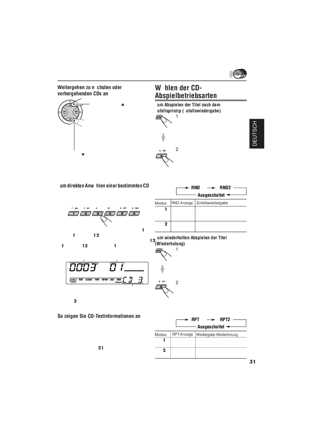 JVC KD-SX992R, KD-SX921R manual Wählen der CD, Weitergehen zu nächsten oder, Vorhergehenden CDs an, RPT1 RPT2 