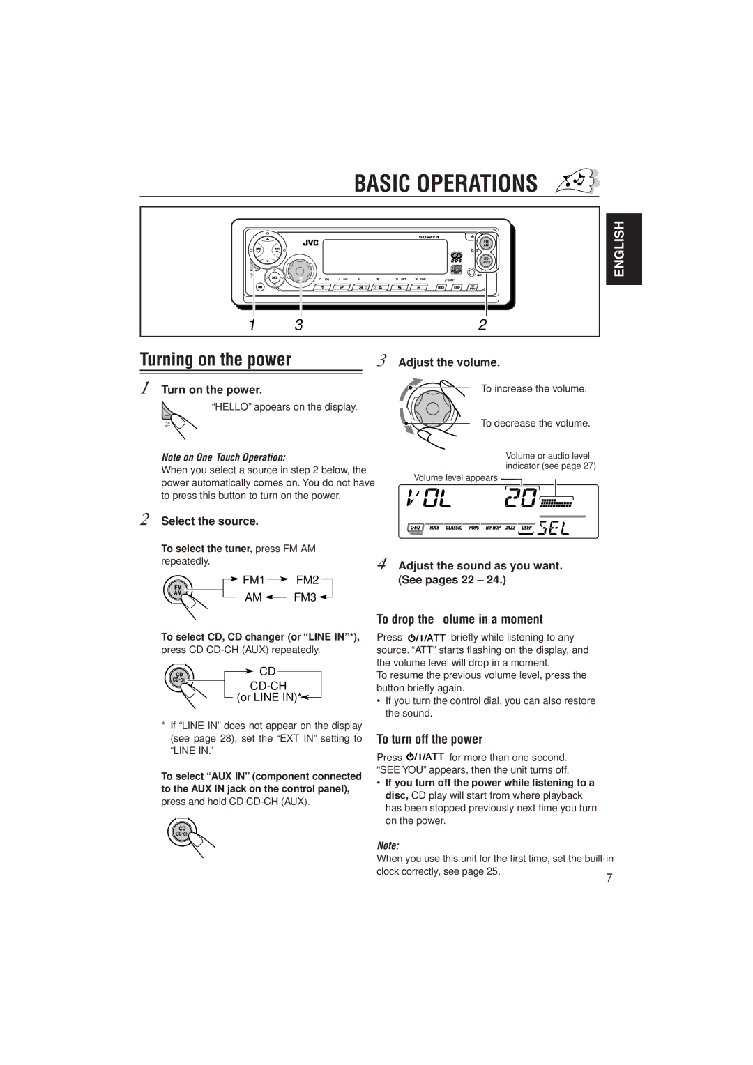 JVC KD-SX992R, KD-SX921R manual Turning on the power, To drop the volume in a moment, To turn off the power, Cd-Ch 