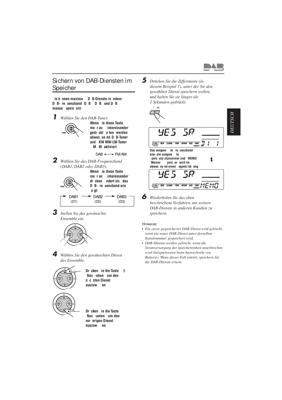 JVC KD-SX992R, KD-SX921R manual Sichern von DAB-Diensten im Speicher, Hinweise 