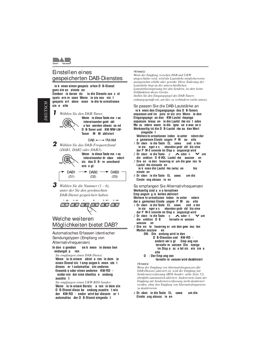 JVC KD-SX921R, KD-SX992R manual Welche weiteren Möglichkeiten bietet DAB?, So passen Sie die DAB-Lautstärke an 