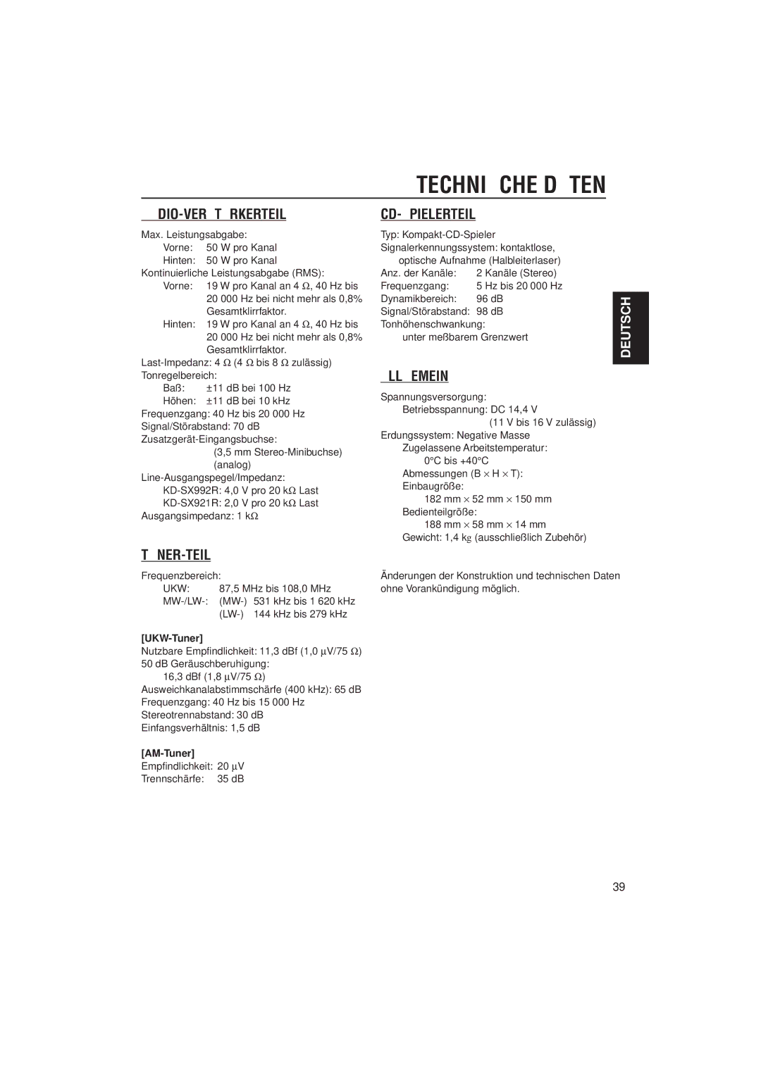 JVC KD-SX992R, KD-SX921R manual UKW-Tuner, AM-Tuner 