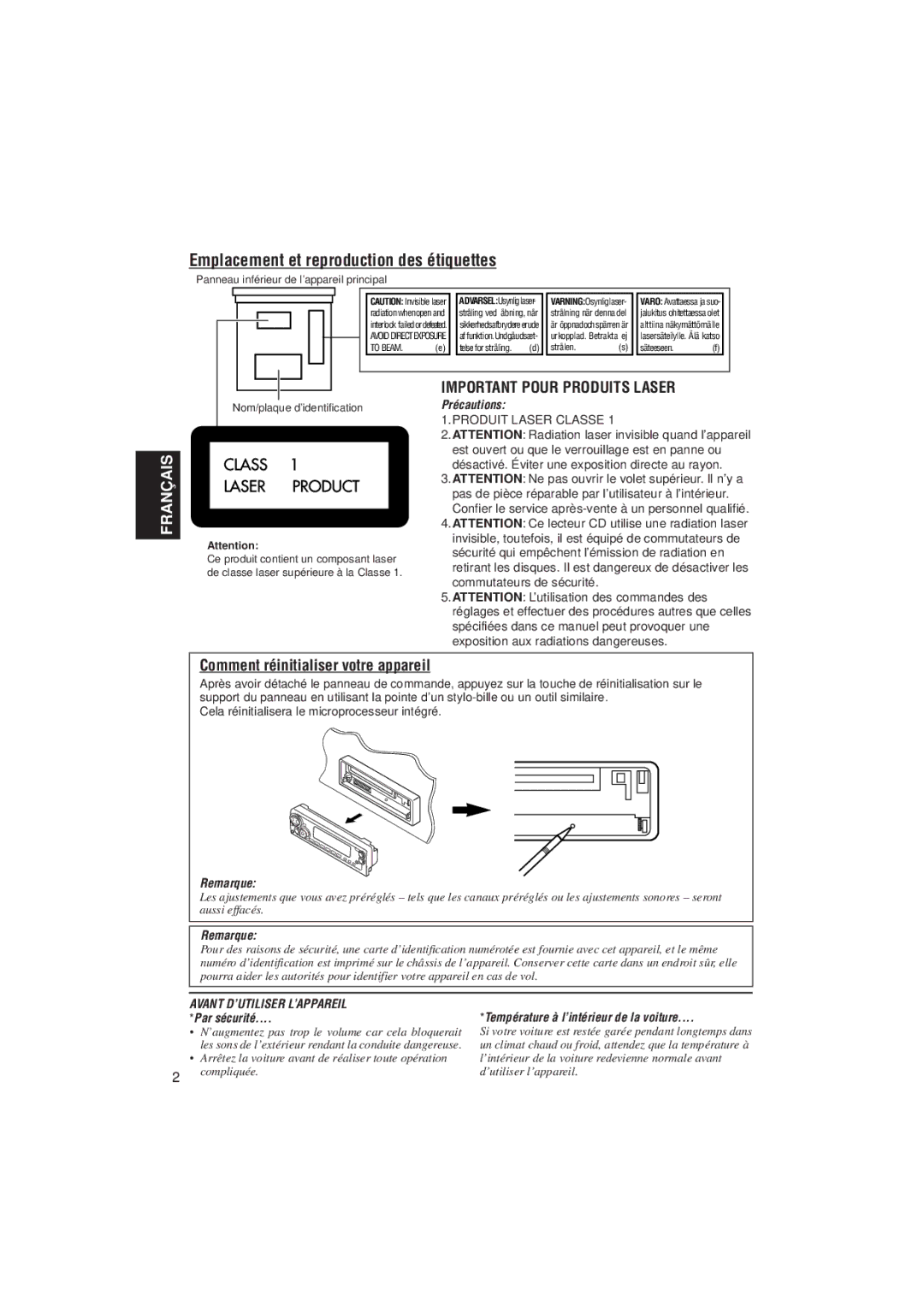 JVC KD-SX921R, KD-SX992R manual Emplacement et reproduction des étiquettes, Comment réinitialiser votre appareil 