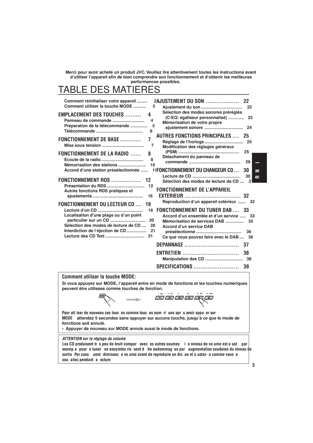 JVC KD-SX992R, KD-SX921R manual Table DES Matieres, Comment utiliser la touche Mode 