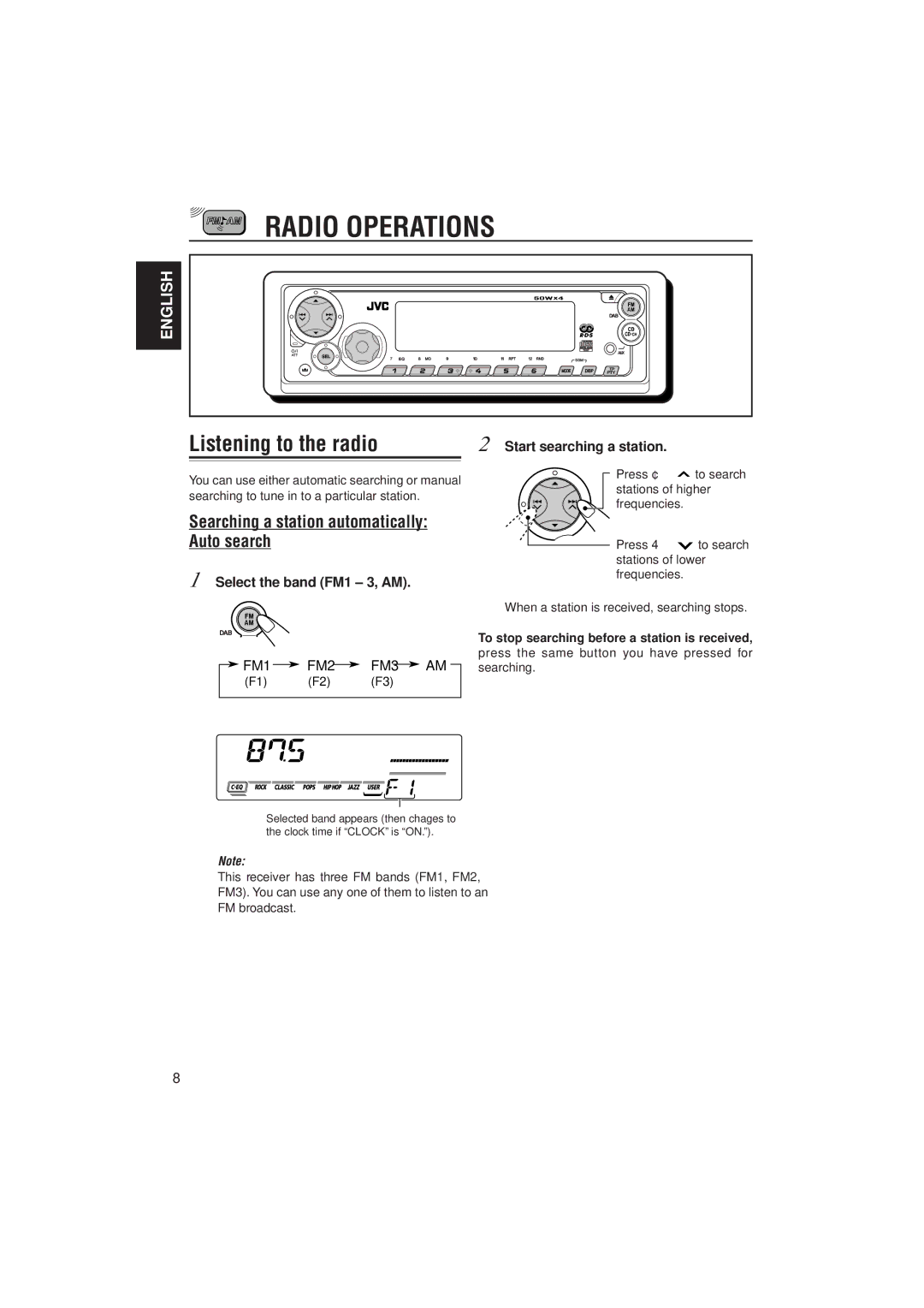 JVC KD-SX921R, KD-SX992R manual Radio Operations, Listening to the radio, Searching a station automatically Auto search 