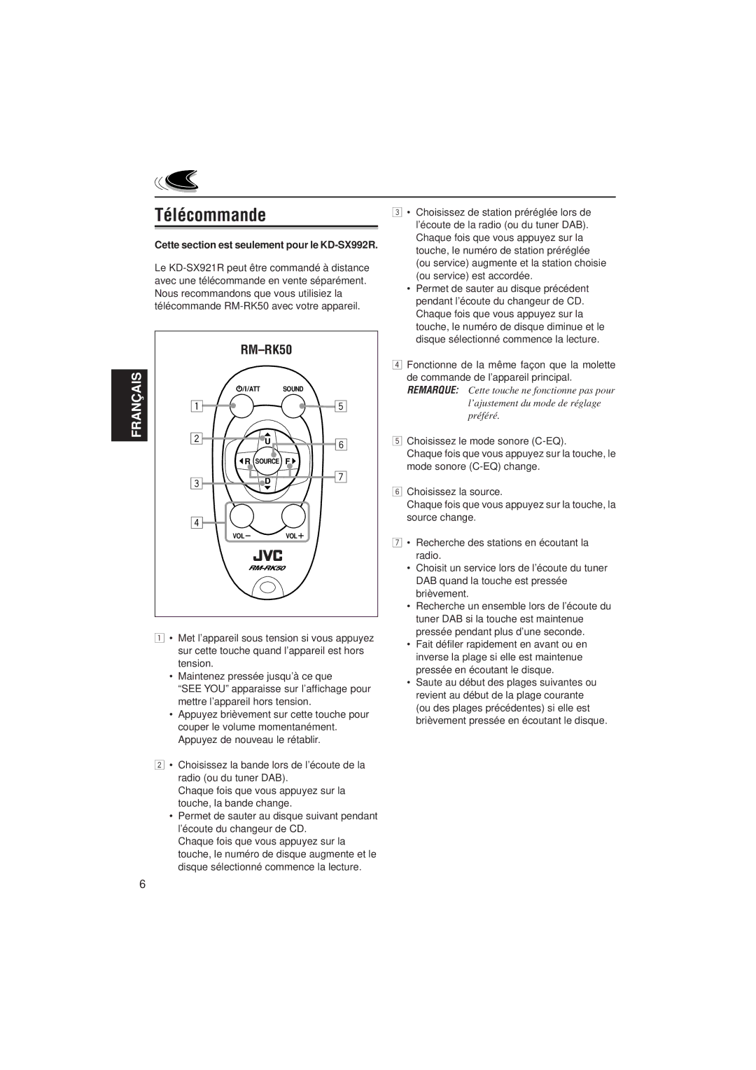 JVC KD-SX921R, KD-SX992R manual Télécommande 