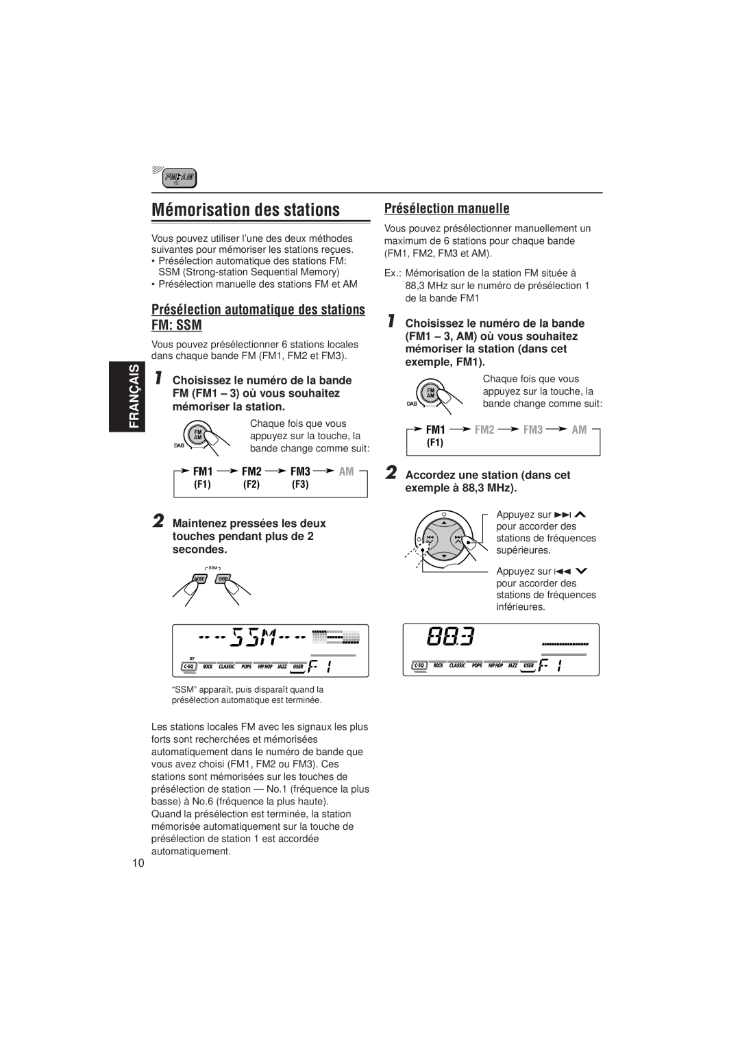 JVC KD-SX921R, KD-SX992R manual Mémorisation des stations, Présélection manuelle, Présélection automatique des stations 