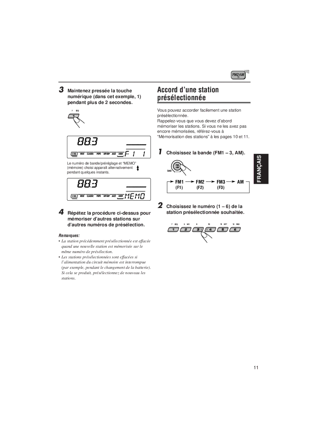 JVC KD-SX992R, KD-SX921R manual Vous pouvez accorder facilement une station présélectionnée, Remarques 