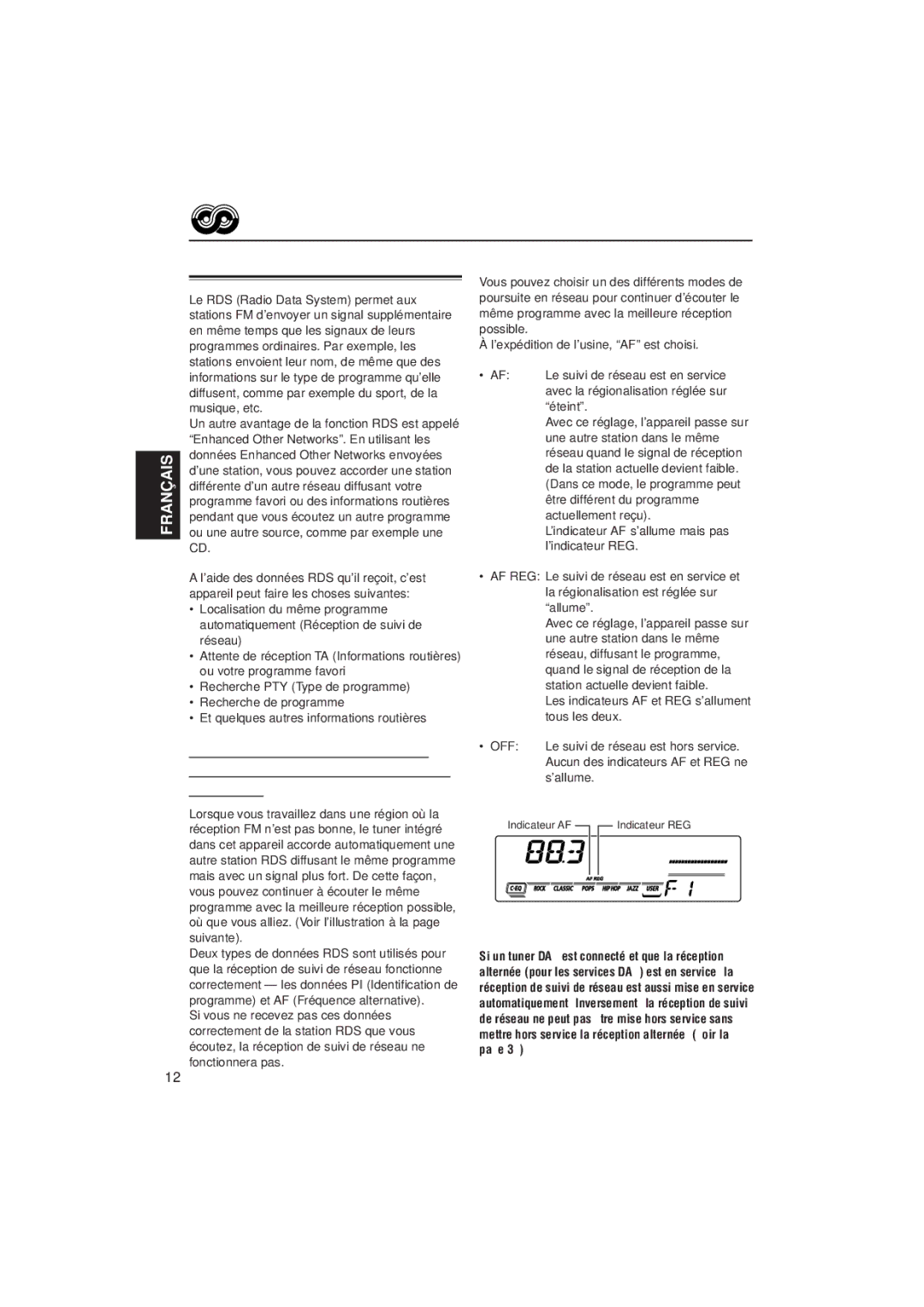 JVC KD-SX921R, KD-SX992R manual Fonctionnement RDS, Présentation du RDS, Pour utiliser la réception de suivi de réseau 