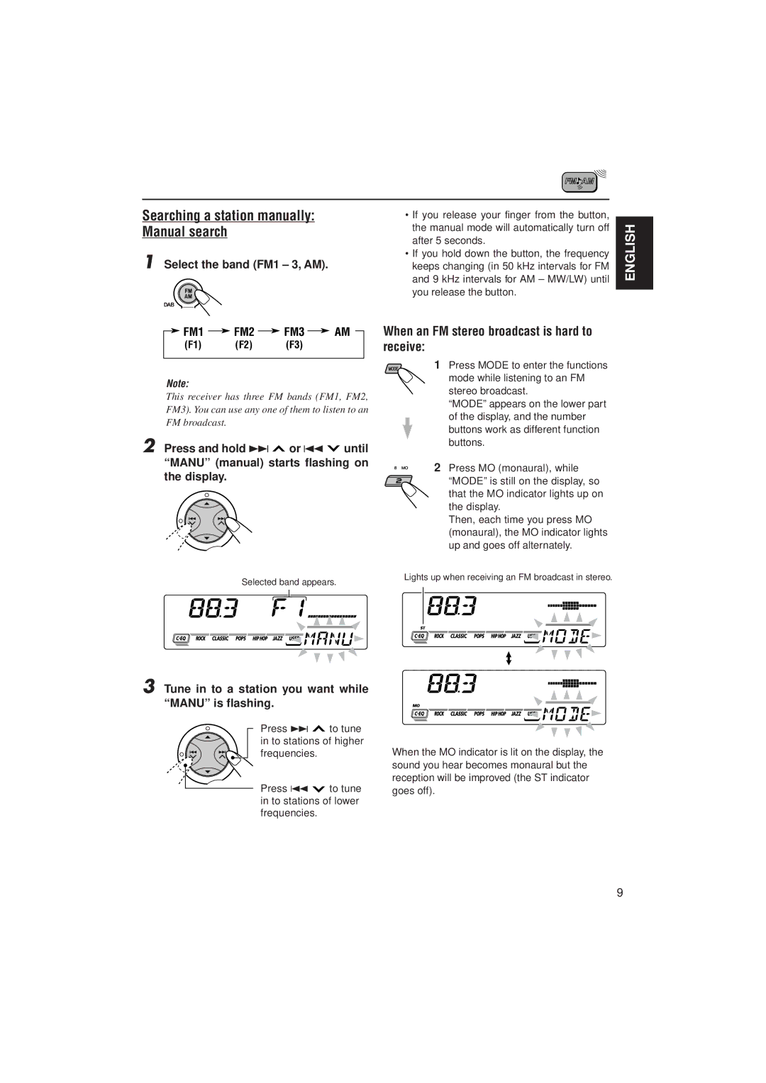 JVC KD-SX992R Searching a station manually Manual search, When an FM stereo broadcast is hard to receive, FM1 FM2 