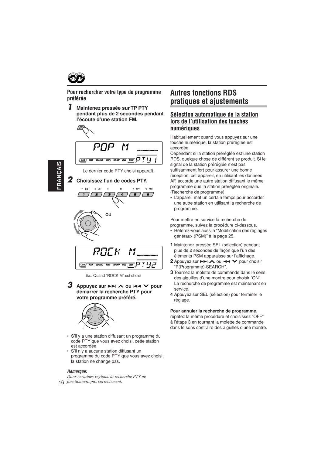 JVC KD-SX921R, KD-SX992R Autres fonctions RDS pratiques et ajustements, Pour rechercher votre type de programme préférée 