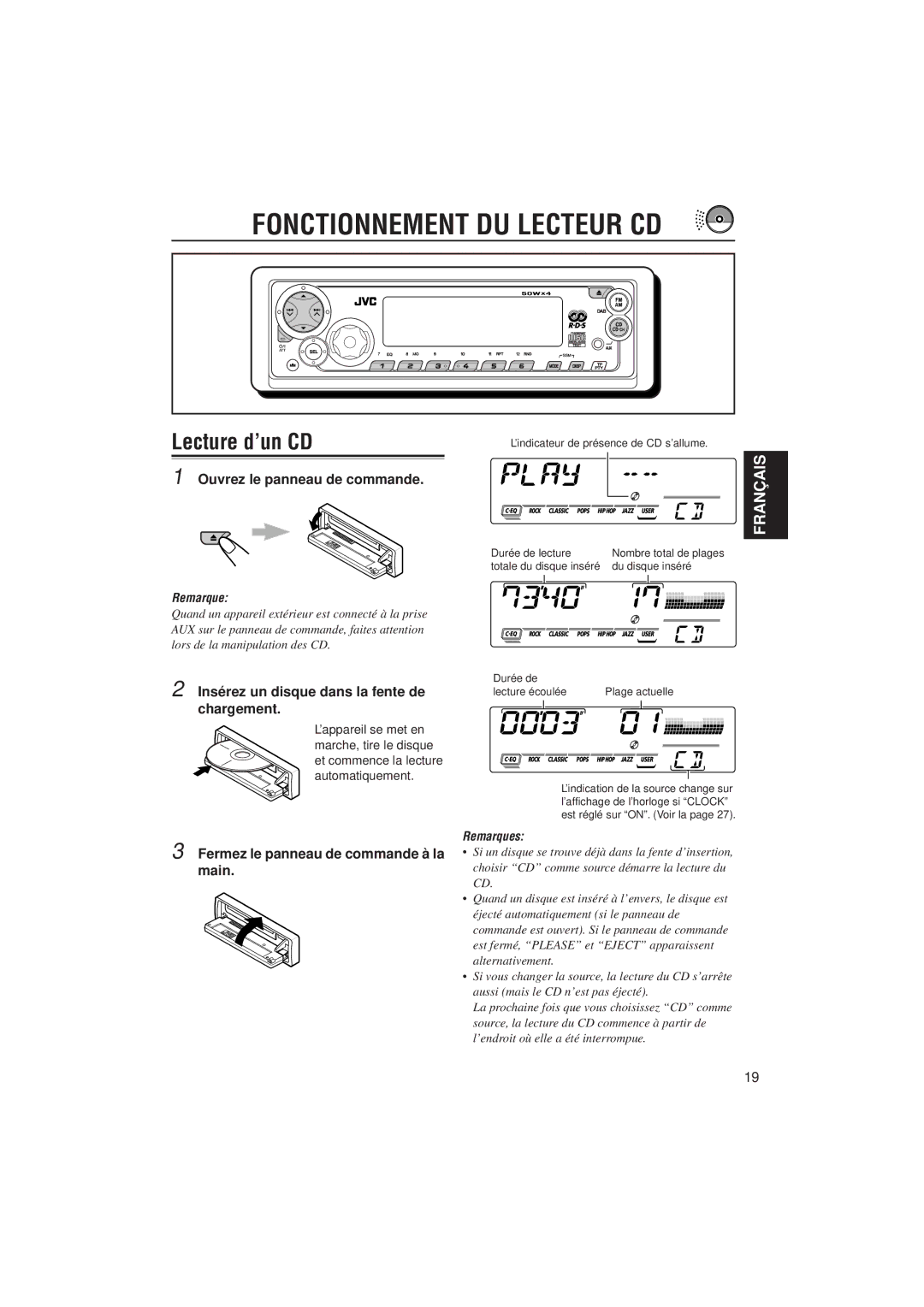 JVC KD-SX992R, KD-SX921R manual Fonctionnement DU Lecteur CD, Lecture d’un CD, Ouvrez le panneau de commande 