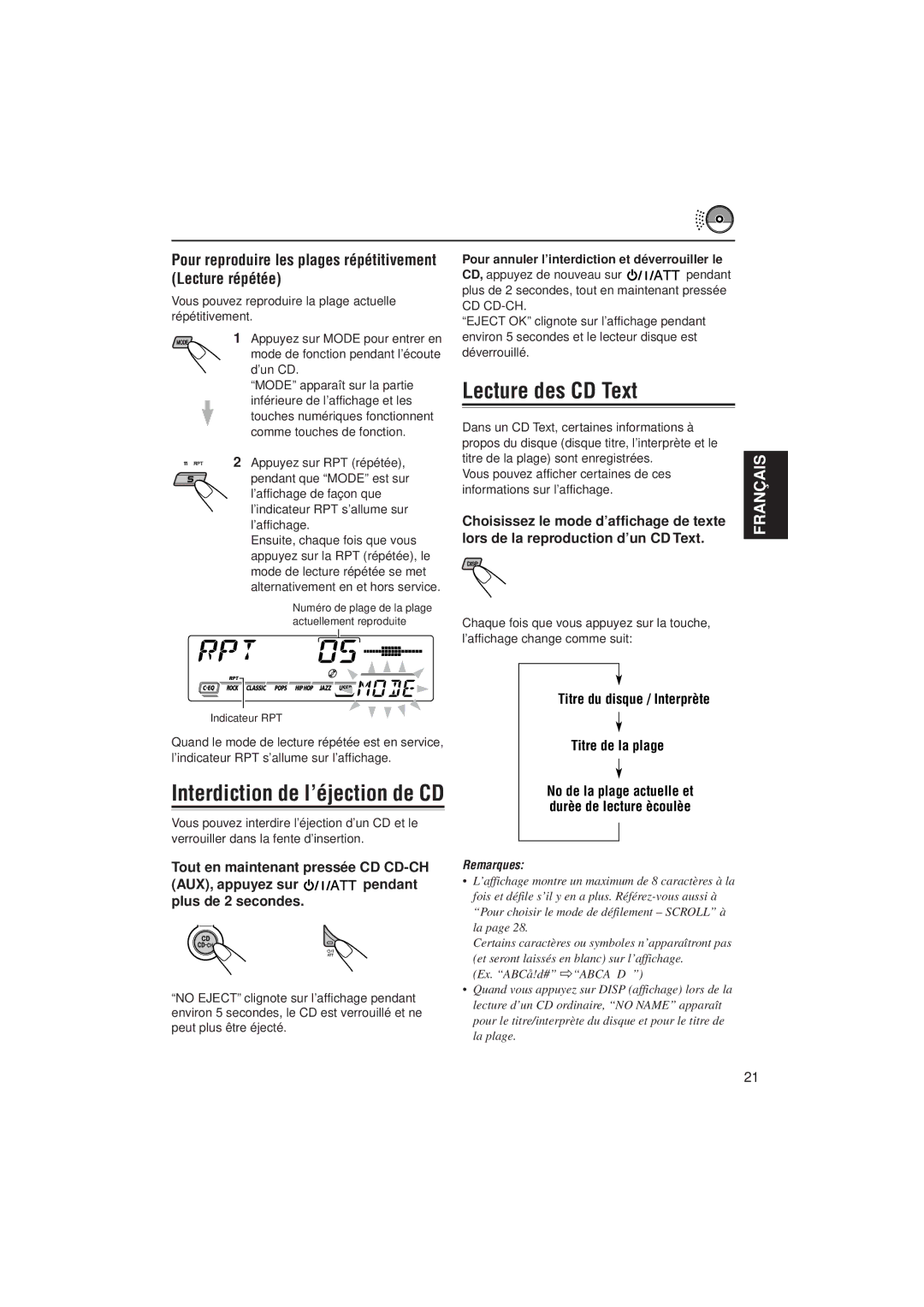 JVC KD-SX992R manual Lecture des CD Text, Interdiction de l’éjection de CD, Titre du disque / Interprète Titre de la plage 